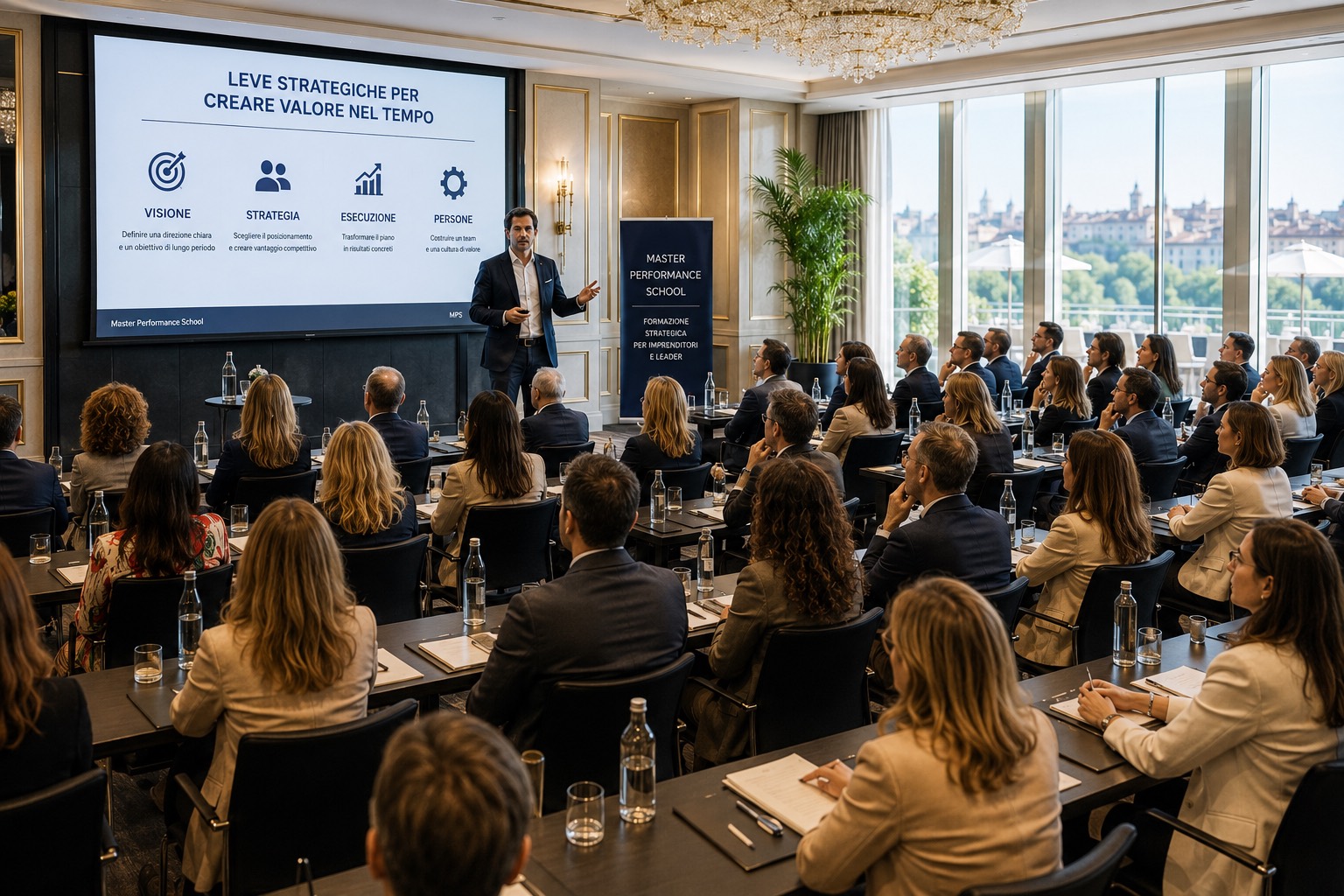 Sessione Master Performance School: relatore davanti a una platea di imprenditori e manager, con le leve strategiche per creare valore nel tempo proiettate sullo schermo